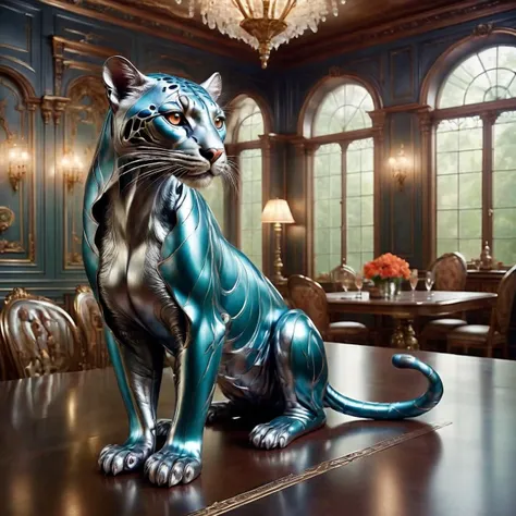 amazing cs-m3tal-ok_v06-1000 modern clouded leopard in a futuristic Victorian dining room, very detailed, intricate, cool color palette