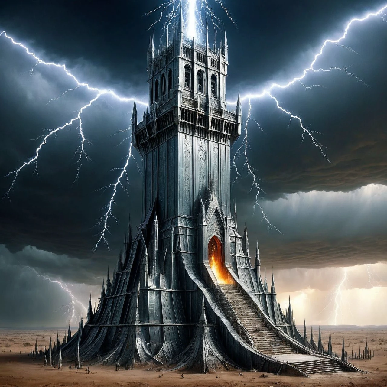 a coloured fantasy photo of a mature cs-m3tal-ok_v06-1000 Namibian Tarot The Tower, struck by lightning, people falling from the top, made of metal with networks of fine (black:0.33) lines. Intricate, very detailed <lora:ral-polishedsteel:0.25>