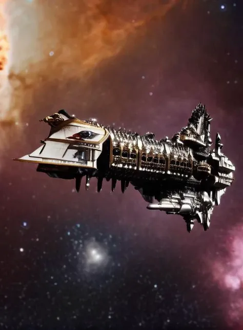 Photo-realistic high resolution photography of simple blank and white background, <lora:Imperial_Navy_-_Warhammer_40000_SDXL:1> impstarship battleship flying in deep space in front of a nebula, a massive burning star in the background squatting legs spread arms raised behind head, wearing (black lace pantyhose:1.08) bodystockings, (gigantic breasts:1.3), wide hips, thicc legs, bokeh, LDSR, Depth of Field, OverallDetail