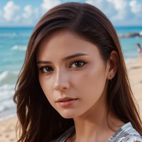 Photographie;une belle fille un peu métisse style colombienne, on the beach, allonger sur le sable, long and wavy hair , large bust, close your eyes to the camera, symmetrical eyes, symmetrical face, photorealistic, photographie,, specular lighting, Volumetric facial light, Hair path, Visible shadows, complexe,