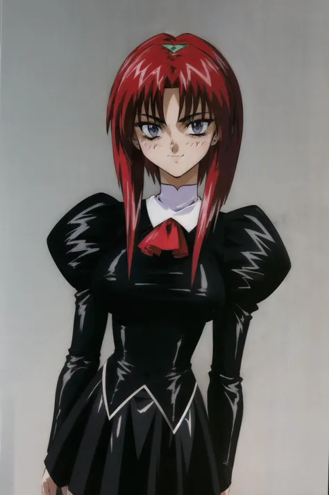 masterpiece, best quality, 1girl, looking at viewer, ultra detailed, <lora:add_detail:0.5>, <lora:maypia_FW:1> , blue eyes, red hair, bangs,long sleeves,  puffy sleeves,  black skirt, uniform, black jacket,  juliet sleeves,  red ascot, cowboy shot, simple background, smile