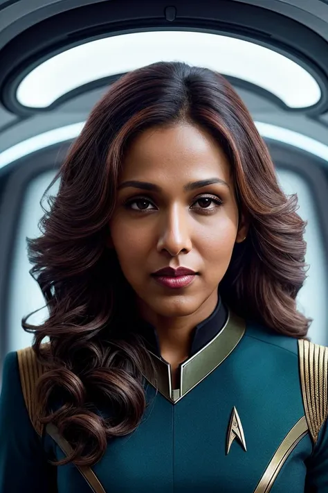 photo of beautiful (rekhshrm:0.99), a woman with beautiful hair, as a star trek officer in a (star trek spaceship), spaceship interior, (crew deck), natural skin texture, (tight blue star trek uniform), long sleeve, trousers, 24mm, 4k textures, soft cinematic light, adobe lightroom, photolab, hdr, intricate, elegant, highly detailed, sharp focus, ((((cinematic look)))), soothing tones, insane details, intricate details, hyperdetailed, low contrast, soft cinematic light, exposure blend, hdr, faded, (painted lips:1.1), ((looking at viewer:1.1)), (medium shot), (perfect waist)