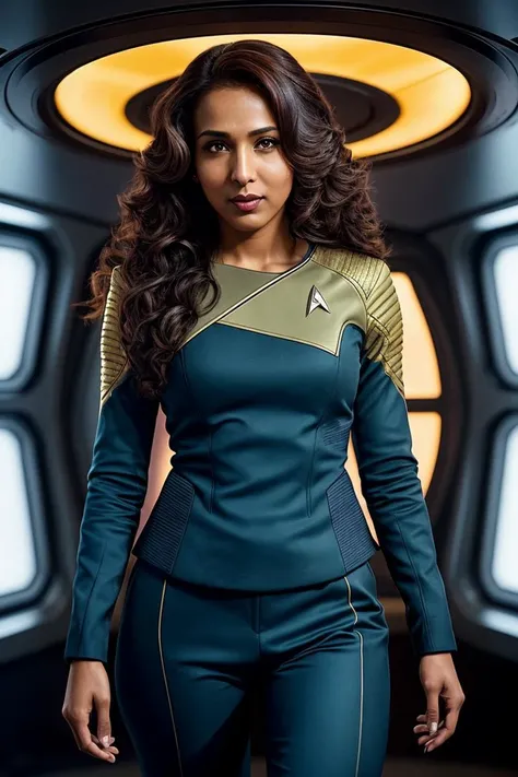 photo of beautiful (rekhshrm:0.99), a woman with beautiful hair, as a star trek officer in a (star trek spaceship), spaceship interior, (crew deck), natural skin texture, (tight blue star trek uniform), long sleeve, trousers, 24mm, 4k textures, soft cinematic light, adobe lightroom, photolab, hdr, intricate, elegant, highly detailed, sharp focus, ((((cinematic look)))), soothing tones, insane details, intricate details, hyperdetailed, low contrast, soft cinematic light, exposure blend, hdr, faded, (painted lips:1.1), ((looking at viewer:1.1)), (medium shot), (perfect waist)