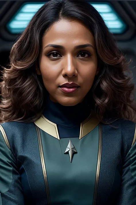 photo of beautiful (rekhshrm:0.99), a woman with beautiful hair, as a star trek officer in a (star trek spaceship), spaceship interior, (crew deck), natural skin texture, (tight blue star trek uniform), long sleeve, trousers, 24mm, 4k textures, soft cinematic light, adobe lightroom, photolab, hdr, intricate, elegant, highly detailed, sharp focus, ((((cinematic look)))), soothing tones, insane details, intricate details, hyperdetailed, low contrast, soft cinematic light, exposure blend, hdr, faded, (painted lips:1.1), ((looking at viewer:1.1)), (medium shot), (perfect waist)