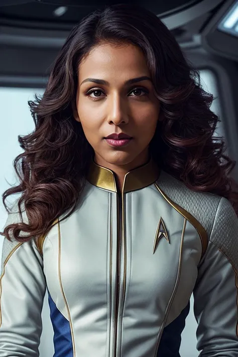 photo of beautiful (rekhshrm:0.99), a woman with beautiful hair, as a star trek officer in a (star trek spaceship), spaceship interior, (crew deck), natural skin texture, (tight blue star trek uniform), 24mm, 4k textures, soft cinematic light, adobe lightroom, photolab, hdr, intricate, elegant, highly detailed, sharp focus, ((((cinematic look)))), soothing tones, insane details, intricate details, hyperdetailed, low contrast, soft cinematic light, exposure blend, hdr, faded, (painted lips:1.1), ((looking at viewer:1.1))