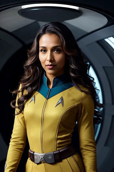 photo of beautiful (rekhshrm:0.99), a woman with beautiful hair, as a star trek officer in a (star trek spaceship), spaceship interior, (crew deck), natural skin texture, (tight blue star trek uniform), long sleeve, trousers, 24mm, 4k textures, soft cinematic light, adobe lightroom, photolab, hdr, intricate, elegant, highly detailed, sharp focus, ((((cinematic look)))), soothing tones, insane details, intricate details, hyperdetailed, low contrast, soft cinematic light, exposure blend, hdr, faded, (painted lips:1.1), ((looking at viewer:1.1)), (medium shot), (perfect waist)
