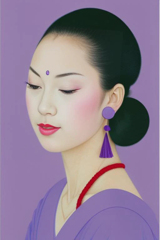 tsuruta ichiro, haitian girl, solo, blue eyes, simple background, black hair, jewelry, upper body, earrings, japanese clothes, kimono, makeup, half-closed eyes, single hair bun, lipstick, purple background, red lips <lora:ichiro:1.0>