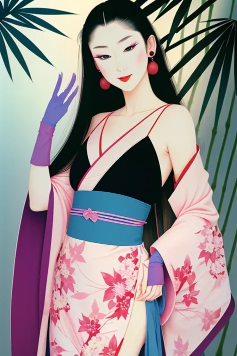tsuruta ichiro, ichiro, 1girl, solo, kimono, ((medium tits)), smile, (super long hair:1.2), blue grey eyes, random color hair, gloves, dress, bare shoulders, jewelry, upper body, earrings, black gloves, elbow gloves, hand up, random color, random color dress, from side, black headwear, makeup, lipstick, sakura petals pattern, bamboo leaves pattern,
rim light, back light,
pastel color, <lora:ichirov3-04:0.65>