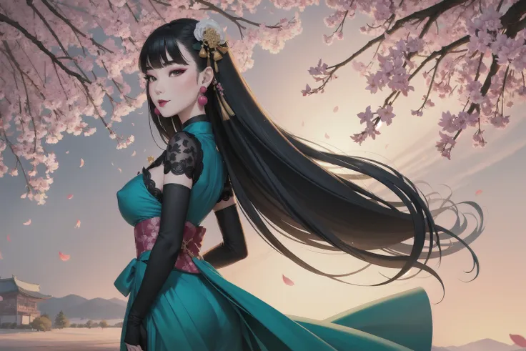tsuruta ichiro, ichiro, 2girls, solo, hanbok|hanfu|sharee|ao dai|night dress|wedding dress|Dirndl|Sarong|Tracht, (nipples), ((medium tits)), smile, (super long hair:1.2), blue |grey|green|brown|black eyes, random color hair, gloves, dress, bare shoulders, jewelry, upper body, earrings, black gloves, elbow gloves, hand up, random color dress, from side, black headwear, makeup, lipstick, sakura petals pattern, bamboo leaves pattern, maple leaves pattern, intricate details, filigree, ornamental,
rim light, back light,
pastel color, <lora:ichirov11:0.55>
