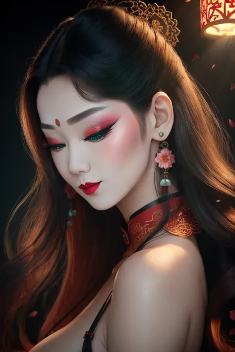 tsuruta ichiro, illustration, updo hair, hair ornament, cheongsam,  big tits, full body, flower petals, half closed eyes, 1girl, solo, (super long hair:1.4), smile, blue|grey|green eyes, choker, lips, makeup, lipstick, red lips, pastel color, choker, earring, sexy, nsfw, illustration,   flower petals,  <lora:ichirotest-01:0.95>(filigree:1.3), rim light, back light, cinematic light,