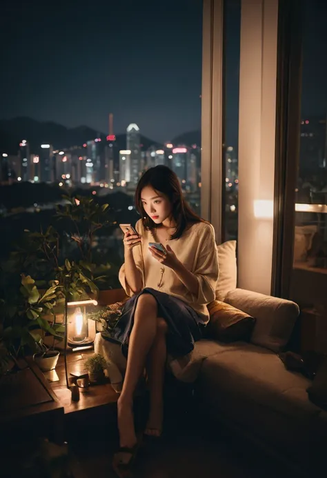 low light photography, evening, a beautiful young female sitting and playing phone on a dark terrace of her hong kong apartment, full of home accessories, cramped apartment, the only light illuminating her face is from her mobile phone, photo realistic, muted colors <lora:LowRA:0.4>, <lora:ichirofull-02:0.6>