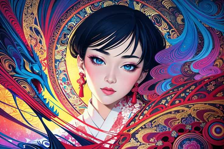 ichiro, (masterpiece, top quality, best quality, official art, beautiful and aesthetic:1.2), (1girl:1.3), extremely detailed,(fractal art:1.2),colorful,highest detailed,(zentangle:1.2), (dynamic pose), (abstract background:1.5), (hanfu|kimono:1.2), (shiny skin), (many colors:1.4),
loong, masterpiece, best quality,high quality,highres, 16K,RAW,ultra highres,ultra details,finely detail,an extremely delicate and beautiful,extremely detailed,real shadow, anime,highly detailed painted,award winning glamour paintting,wonderful paintting,art style,stylized, <lora:ichirov11:0.5>
<lora:conceptLoongChinaDragon_v10:0.3>