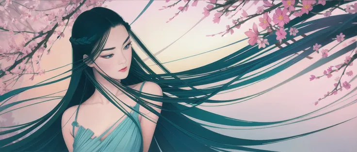 tsuruta ichiro, ichiro, 1girl, solo, upper body, bare shoulder, green|blue|grey eyes, 
(super long hair:1.7), flying flower petals, long eyelash, makeup, lipstick, sakura petals pattern, bamboo leaves pattern, wavy hair, from side,
closed mouth,  upper body, random clothes, from side, eyelashes, profile, floating hair, wind, dandelion,
jewelry, blush,
rim light, back light,
<lora:ichirov11:0.95>