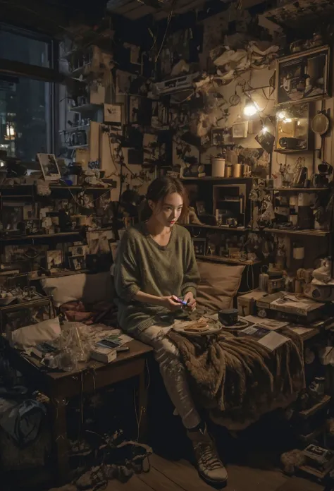 by Ivan Albright, low light photography, evening, a beautiful young female sitting and playing phone on a dark terrace of her hong kong apartment, full of home accessories, cramped apartment, the only light illuminating her face is from her mobile phone, photo realistic, muted colors <lora:LowRA:0.4>, <lora:ichirofull-02:0.6>