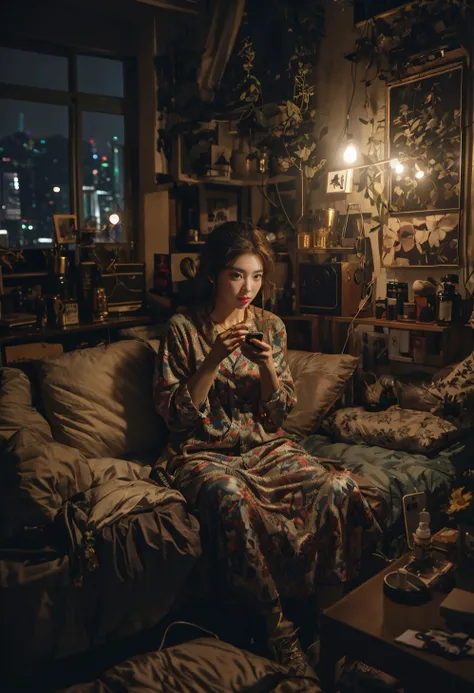 by Ivan Albright, low light photography, evening, a beautiful young female sitting and playing phone on a dark terrace of her hong kong apartment, full of home accessories, cramped apartment, the only light illuminating her face is from her mobile phone, photo realistic, muted colors <lora:LowRA:0.4>, <lora:ichirofull-02:0.6>