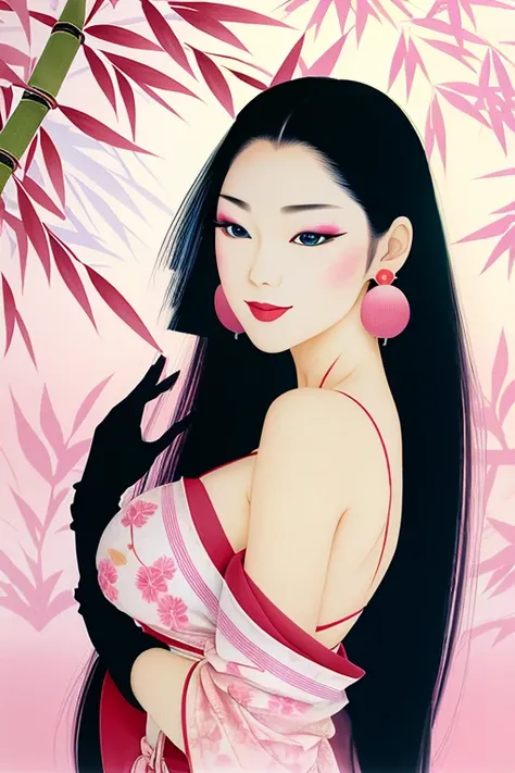 tsuruta ichiro, ichiro, 1girl, solo, Saree, ((medium tits)), smile, (super long hair:1.2), blue grey eyes, random color hair, gloves, dress, bare shoulders, jewelry, upper body, earrings, black gloves, elbow gloves, hand up, random color, random color dress, from side, black headwear, makeup, lipstick, sakura petals pattern, bamboo leaves pattern,
rim light, back light,
pastel color, <lora:ichirov3-04:0.65>