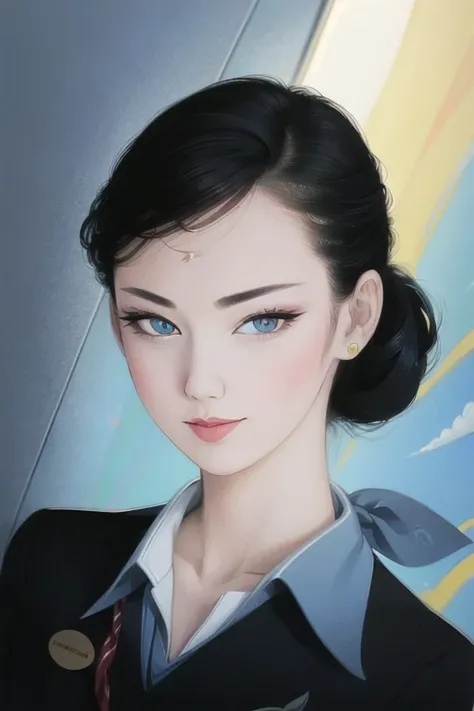 tsuruta ichiro, illustration,<lora:RussianStewardess_v10:1> airplane, cabin crew, stewardess, shirt, skirt, <lora:ichiro:0.9> ,solo,updo hair, kangol, blue eyes, rim light, back light,