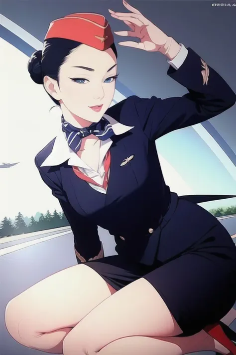 tsuruta ichiro,  illustration,<lora:RussianStewardess_v10:1> airplane, cabin crew, stewardess, shirt, skirt,  ,solo,updo hair, kangol, blue eyes,   <lora:ichirov3-01:0.95>