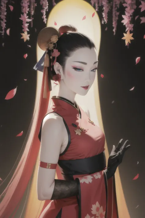 tsuruta ichiro, ichiro, 
tsuruta ichiro, ichiro, 1girl, solo, hanbok|hanfu|sharee|ao dai, ((medium tits)), smile, (super long hair:1.2), blue grey eyes, random color hair, gloves, dress, bare shoulders, jewelry, upper body, earrings, black gloves, elbow gloves, hand up, random color, random color dress, from side, black headwear, makeup, lipstick, sakura petals pattern, bamboo leaves pattern, maple leaves pattern, lotus pattern, rim light, back light, 
 <lora:ichirofull-02:1.2>