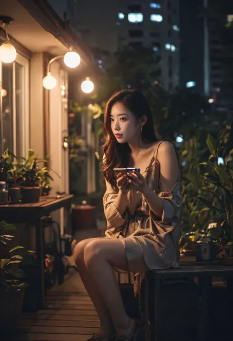 low light photography, evening, a beautiful young female sitting and playing phone on a dark terrace of her hong kong apartment, full of home accessories, cramped apartment, the only light illuminating her face is from her mobile phone, photo realistic, muted colors <lora:LowRA:0.4>, <lora:ichirofull-02:0.6>