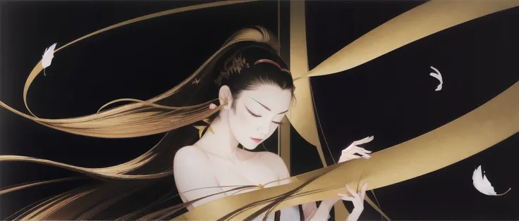 tsuruta ichiro, ichiro, 1girl, solo, upper body, bare shoulder,
(super long hair:1.7), flying flower petals, long eyelash, makeup, lipstick, sakura petals pattern, bamboo leaves pattern, wavy hair, from side,
closed mouth, closed eyes, upper body, random clothes, from side, eyelashes, profile, floating hair, wind, dandelion,
jewelry, blush,
rim light, back light,
<lora:ichirov14-06:1>
