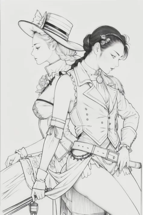 tsuruta ichiro, ichiro,
steampunk , A graceful woman wearing a men's top hat and a tight-fitting vest that reveals her shoulders and back. Her hair is styled in braids and colored chestnut brown. She holds a riding crop, casually resting it on her shoulder. The scene has a cinematic quality, evoking a sense of mystery and intrigue, (sexy black lingerie:1.2) full body, dark light, (rembrandt light:1.3),back silhouette, riding crop, long leather glove,
lineart, (monochrome:0.6),
pastel color, <lora:animeLineartMangaLike_v30MangaLike:1> <lora:ichirov13-06:0.8>