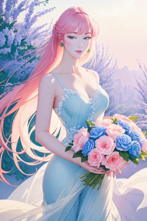 flower, Lisianthus ,in the style of light pink and light azure, dreamy and romantic compositions, pale pink, ethereal foliage, playful arrangements, long hair, 
ichiro,  <lora:ichirofull-02:1.4>