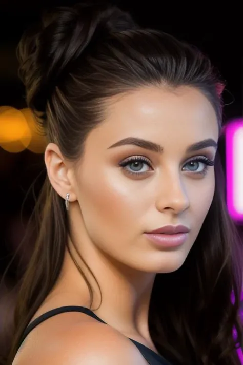 portrait photo of LanaRhoades beautiful woman hair updo upsweep nightclub sitting at bar (masterpiece) (best quality) (detailed) (8k) (HDR) (wallpaper) (cinematic lighting) (sharp focus) (intricate) <lora:LanaRhoades:0.85>