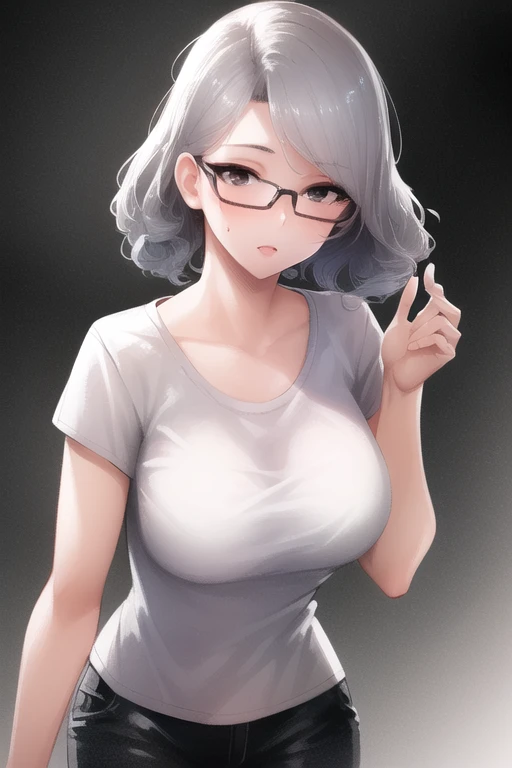 (best quality:1.0), young 1girl, stunningly attractive, perfect feminine face, (cute:1.2), silver short wavy hair, playful, (white t-shirt), detailed background, black eyes, highres, dynamic angle, (cinematic lighting:1.2), (by Range Murata:1.0), (by Taka Tony:1.0), by Jeremy Lipking, cowboy shot, glasses
<lora:kidmoMilkychu_kidmoMilkychu:0.75>