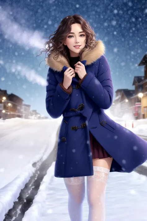 wavy hair,(legwear),
winter coat,snowing,skirt,steam, breath,(leaning back),,fur trim,night, night sky,starry sky,street,
smile,(shiny skin:1.1),blush,(skindentation:1.2),realistic, masterpiece, highest quality, highres,absurdres, (full body), (perfect face:1.1), (sharp focus:1.1),(looking at viewer),