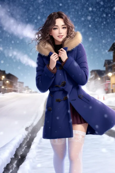 wavy hair,(legwear),
winter coat,snowing,skirt,steam, breath,(leaning back),,fur trim,night, night sky,starry sky,street,
smile,(shiny skin:1.1),blush,(skindentation:1.2),realistic, masterpiece, highest quality, highres,absurdres, (full body), (perfect face:1.1), (sharp focus:1.1),(looking at viewer),