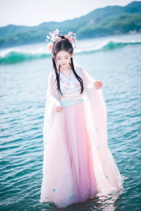 1girl,solo,photorealistic,hanfu,make happy expressions,clear sharp focus,Megapixel,highres,8k,masterpiece,best quality,Cute,Pastel,Lovely,Kawaii,Dreamy,outdoors,upper_body,cleavage,standing in the sea,