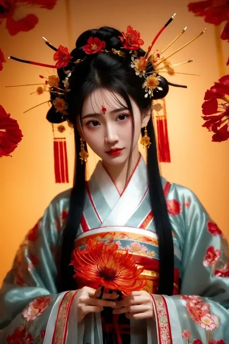 1girl,solo,flower,hair ornament,chinese clothes,hair flower,spider lily,facial mark,jewelry,holding,hanfu,black hair,realistic,earrings,holding flower,long hair,looking at viewer,red flower,long sleeves,red lips,brown eyes,blurry,hair stick,brown hair,lips,upper body,