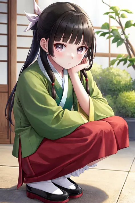 masterpiece, best quality, highres, 1girl hair ribbon hair ornament, hanfu green shirt wide sleeves red skirt long skirt <lora:maomao_manga:1> squatting, head rest