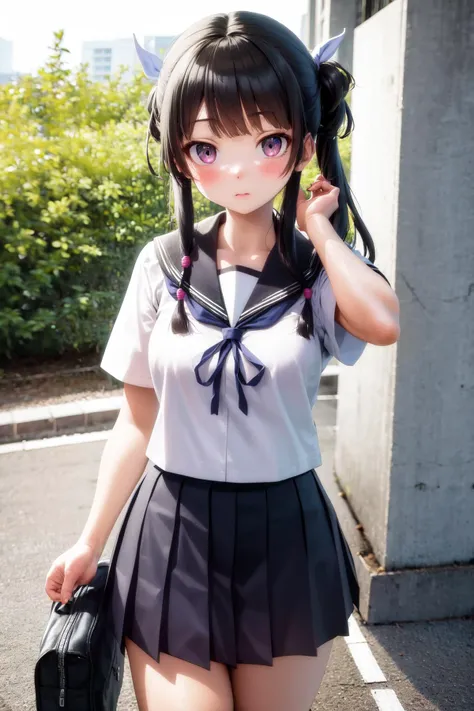 1 Young girls, 独奏, White polo shirt, White sneakers, 
, white mini-skirt, tmasterpiece, Best quality at best, realistically, ultra - detailed, (shiny skins, perspired:1.4), Huang Li, looking at viewert, with short black hair, with brown eye,slenderness,Dynamic light and shadow,A high resolution,Focus sharp,depth of fields,The eyes are delicate,Sharp pupils,student reality,(Bigchest:1.6),(upper legs粗:1.0),luring,sky sky，ultra - detailed，tmasterpiece，Best quality at best，love letter，blush blush，Yazawa Nico,red eyes, On the cheongsam,face flushed,Blunt hair,On the ground, upper legs，chubbiness，ssmile，both hands on hip，Frontal viereet，Flower headdress，mature
