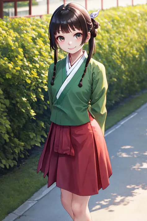 masterpiece, best quality, highres, 1girl hair ribbon hair ornament, hanfu green shirt wide sleeves red skirt long skirt <lora:maomao_manga:1> leaning forward, arms behind back, smile