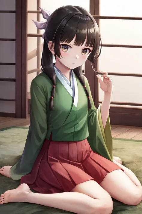 masterpiece, best quality, highres, 1girl hair ribbon hair ornament, hanfu green shirt wide sleeves red skirt long skirt <lora:maomao_manga:1> lying on back, arms up, bed sheet