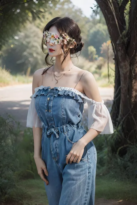 A photo-realistic rendering charming 1 girl, (Flower Blindfold),
full body, RAW photo, HDR, Film photo, beautiful detailed eyes and face, nature landscape, <lora:Flower_BlindfoldSora:0.9>, masterpiece,ultra realistic,32k,extremely detailed CG unity 8k wallpaper, best quality,(summer day ),lady ,necklace ,eardrop, Uluru, Australia, ( Black Incorporating metallic accents ) , Chocolate brown hair Beachy waves ,