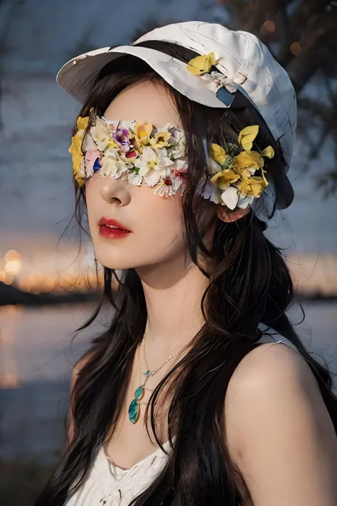 A photo-realistic rendering charming 1 girl,  (Flower Blindfold),
 full body, RAW photo, HDR, Film photo, beautiful detailed eyes and face, nature landscape, <lora:Flower_BlindfoldSora:0.9>, masterpiece,ultra realistic,32k,extremely detailed CG unity 8k wallpaper, best quality,(autumn day ),lady ,necklace ,eardrop, The Northern Lights, Norway, ( Yellow Styling with a statement hat ) , Chestnut hair Long waves ,