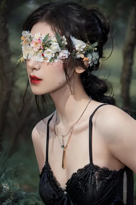 A photo-realistic rendering charming 1 girl, (Flower Blindfold),
full body, RAW photo, HDR, Film photo, beautiful detailed eyes and face, nature landscape, <lora:Flower_BlindfoldSora:0.9>, masterpiece,ultra realistic,32k,extremely detailed CG unity 8k wallpaper, best quality,(summer day ),lady ,necklace ,eardrop, Bali, Indonesia, ( Alabaster Wear a little black dress with a statement necklace and heels. ) , Blonde hair ponytail with bangs ,