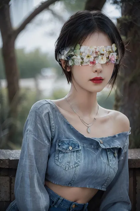 A photo-realistic rendering charming 1 girl, (Flower Blindfold),
full body, RAW photo, HDR, Film light, beautiful detailed eyes and face, nature landscape, <lora:Flower_BlindfoldSora:0.9>, masterpiece,ultra realistic,32k,extremely detailed CG unity 8k wallpaper, best quality,(winter day ),lady ,necklace ,eardrop, Cappadocia, Turkey, ( Silver Going for a retro look with high-waisted jeans and a crop top ) , colored tips hair Pixie cut ,