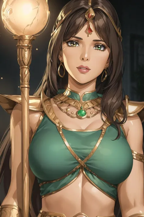 <lora:Front_Innocent_repack-KK77-V1:0.6>,
(day:1.7), in a desert area with a stone wall and palm trees in the background,
Standing at attention,holding a stick and a staff with a glowing ball in her hand,
(green_dress:1.3),gold accents,gold belt, midriff,bridal gauntlets,armor,
<lora:Sorceress_Diablo2-KK77-V1:0.4>, dark-skinned female,gold necklace,jewelry,
black hair, brown eyes, Long_hair,gold head piece,lips, makeup,eyelashes,
1 girl, 20yo,mature female,Beautiful Finger,Beautiful long legs,Beautiful body,Beautiful Nose,Beautiful character design, perfect eyes, perfect face,
looking at viewer, in the center of the image,(Upper_body),(close-Up),(Focus on her face),
NSFW,official art,extremely detailed CG unity 8k wallpaper, perfect lighting,Colorful, Bright_Front_face_Lighting,realistic,
(masterpiece:1.0),(best_quality:1.0), ultra high res,4K,ultra-detailed,
photography, 8K, HDR, highres, absurdres:1.2, Kodak portra 400, film grain, blurry background, bokeh:1.2, lens flare, (vibrant_color:1.2)
(Beautiful,large_Breasts:1.4), (beautiful_face:1.5),(narrow_waist),