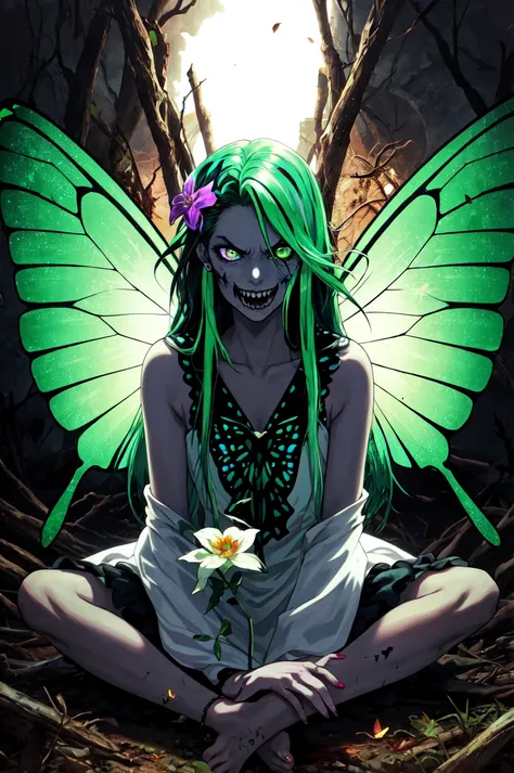 a woman with green hair and a butterfly costume sitting in the woods