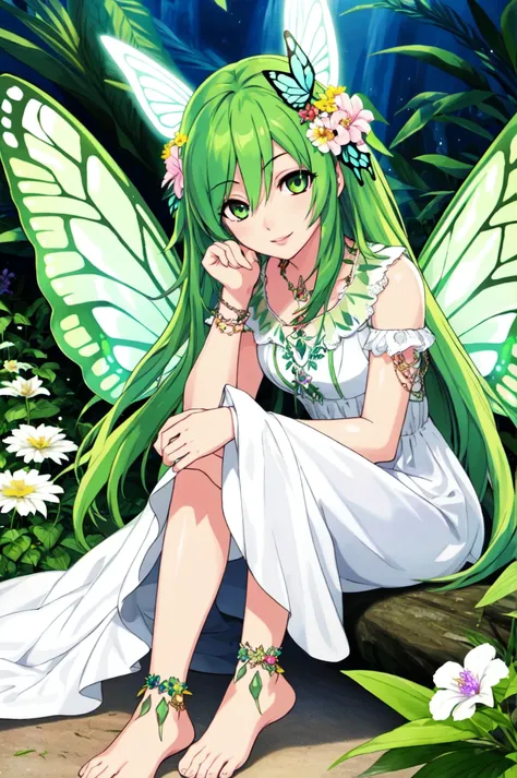 a girl with green hair and a white dress sitting on a rock