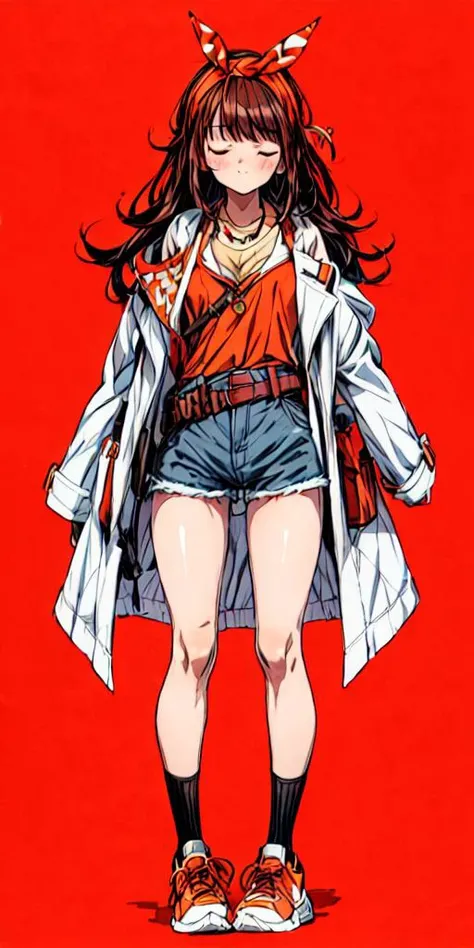 zutuki tukurui,solo,1girl,<lyco:zutuki tukuru2:0.8>,1girl, solo, shorts, closed eyes, brown hair, shoes, socks, orange footwear, belt, full body, black socks, standing, sneakers, red background, bangs, long hair, coat, short shorts, necklace, jewelry, long sleeves, closed mouth, hairband, denim<lora:flat2:-1>,<lora:boldline2:-0.5>,