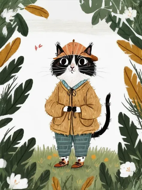 best quality,masterpiece,childpaint,lovely,children's illustration,cute little cat,white_background,forest,clothes,beautiful_detailed_eyes,eye highlights,,<lora:chil_xl_2v1>