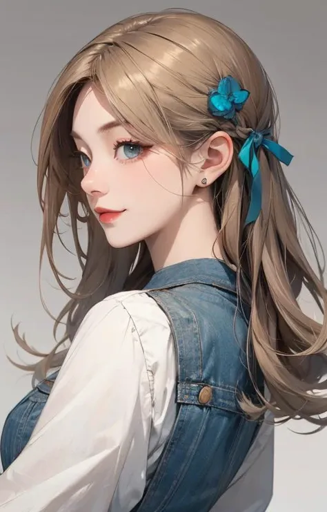 1girl, ne7o, solo, dark blonde hair, Straight Blunt Cut, teal eyes, looking at viewer, close-up, face focus, profile photo, evil grin, large breasts, masterpiece, best quality, simple background, grey background, detailed skin texture, hair ribbon, <lora:ne7o_7nekoChan_v01-000030:0.8>
