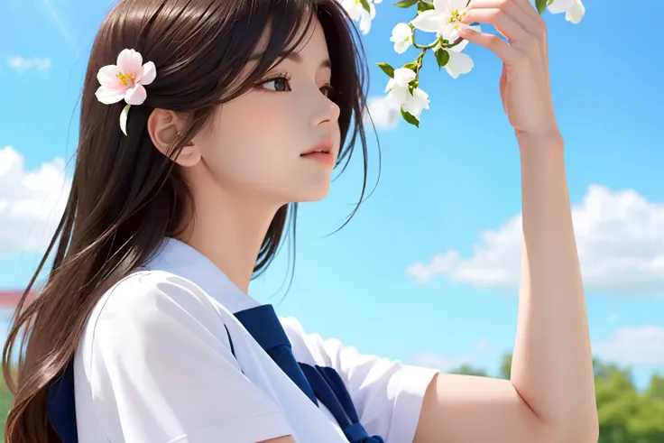 (masterpiece, best quality),1girl, solo, flower, long hair, outdoors, letterboxed, school uniform, day, sky, looking up, short sleeves, parted lips, shirt, cloud, black hair, sunlight, white shirt, serafuku, upper body, from side, pink flower, blurry, brown hair, blue sky, depth of field