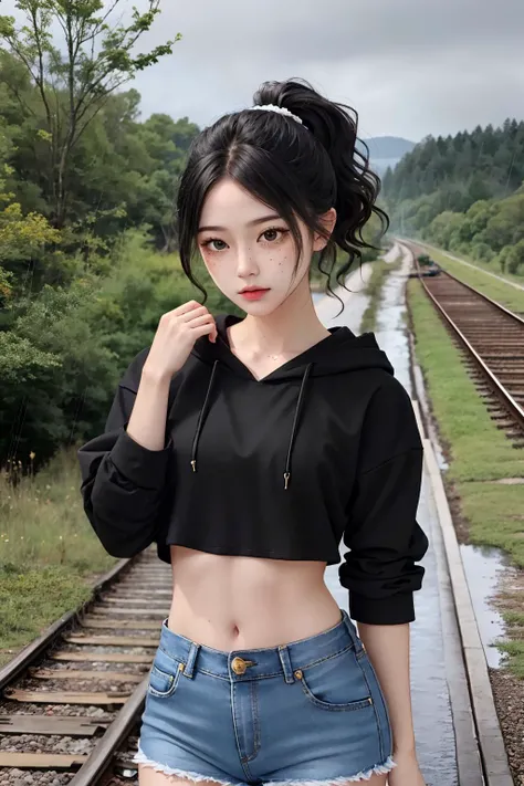 1girl, small breasts, ite, black hair, side ponytail, black eyes, freckles, black hoodie, crop top, midriff, black denim short shorts, punk, abandoned railroad, kubrick stare, (night), rain