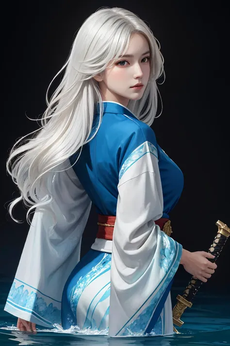 masterpiece, realistic, realism, photorealism, high contrast, photorealistic digital art trending on Artstation 8k HD high definition detailed realistic, 1girl,((water,water ring)), weapon, sword, solo, katana, holding, water, grey eyes, holding weapon, japanese clothes, holding sword, white hair, long hair, kimono, black hair, wide sleeves, long sleeves, lips, cowboy shot, black background, back, parted lips,art by artgerm and ruan jia and greg rutkowski surreal painting,detailed, skin texture, hyper-detailed, realistic skin texture,